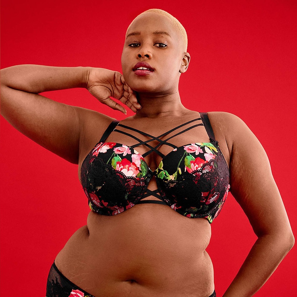 Cacique Lane Bryant - Strappy Boost Push Up Balconette Bra Rose Lace - 38C -G3